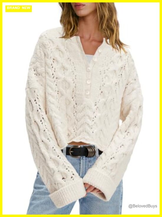 Sweaters - Oversized Cable Knit Bell Sleeve Sweater Cropped Pullover Fall Winter